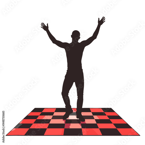 Silhouette of a dancer celebrating on a checked floor  