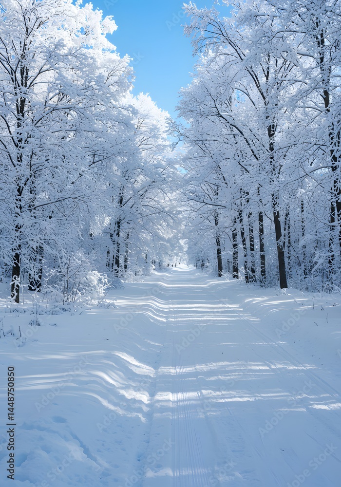 Obraz premium Serene winter landscape featuring a snow-covered road through a frosted forest under a clear blue sky portraying the magic of the season