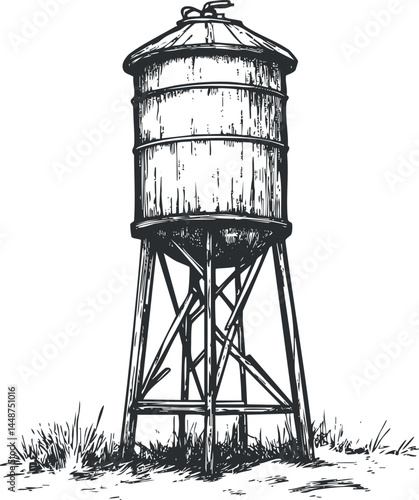 Vintage elevated water tank storage tower in rustic style with metal structure and grass base