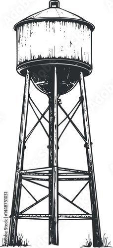 Black and white sketch illustration of a rustic elevated water tower used for industrial storage