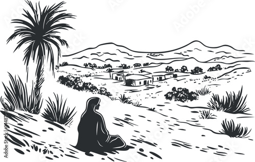 Silhouette of a woman sitting in a desert landscape overlooking a rural village with mountains and palm trees.