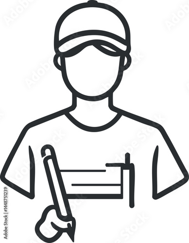 Outline icon of a delivery person wearing a cap and uniform holding a pen for writing or signing