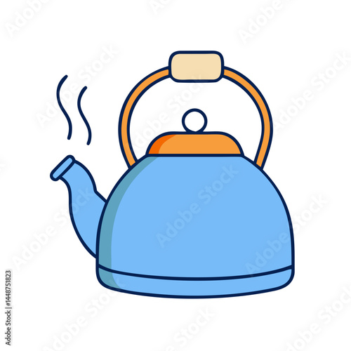 Illustration of a blue tea kettle with steam for tea time kitchenware and beverages usage