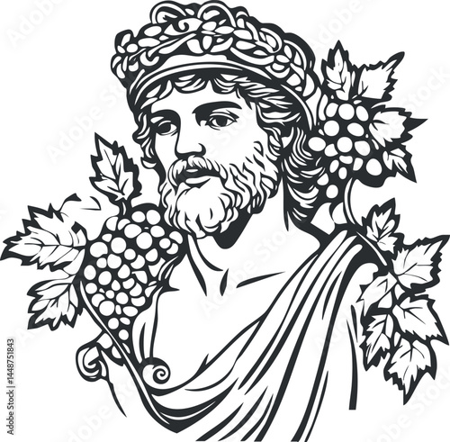 Black and white illustration of Bacchus god with grapevine crown holding bunches of grapes