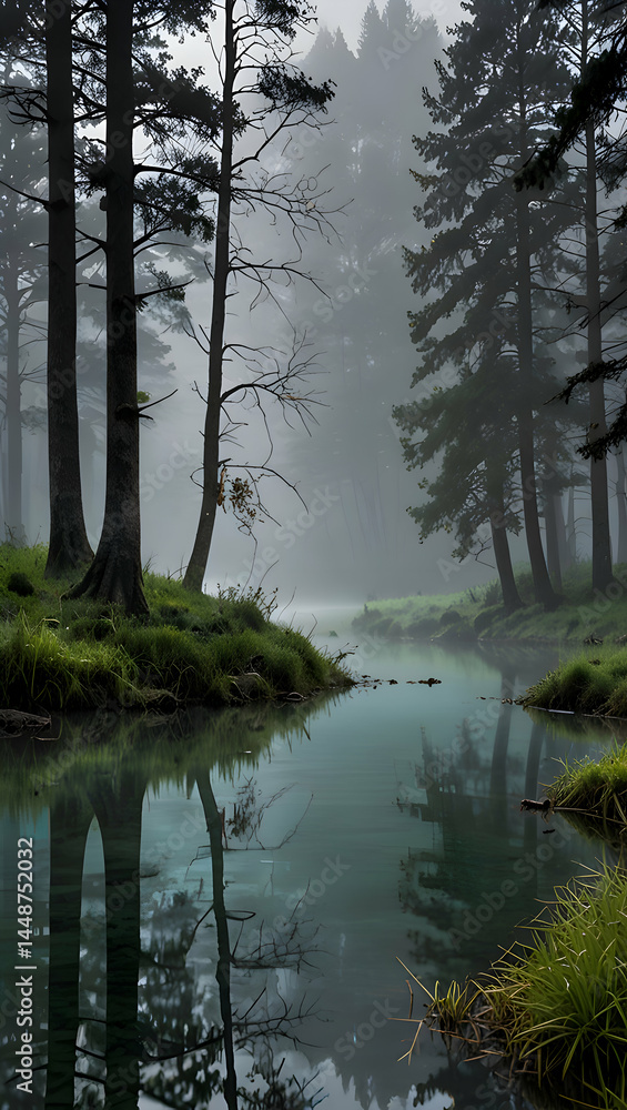 Obraz premium A photo of a serene lake covered with morning mist. The soft light filters through the fog, casting a dreamy atmosphere over the scene. The background reveals a mountain range with rocky terrain