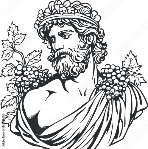 Black and white illustration of Dionysus the Greek god of wine with grapes and a crown of leaves