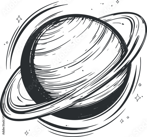 Hand-drawn black and white illustration of a ringed planet with orbiting rings and surrounding stars in space