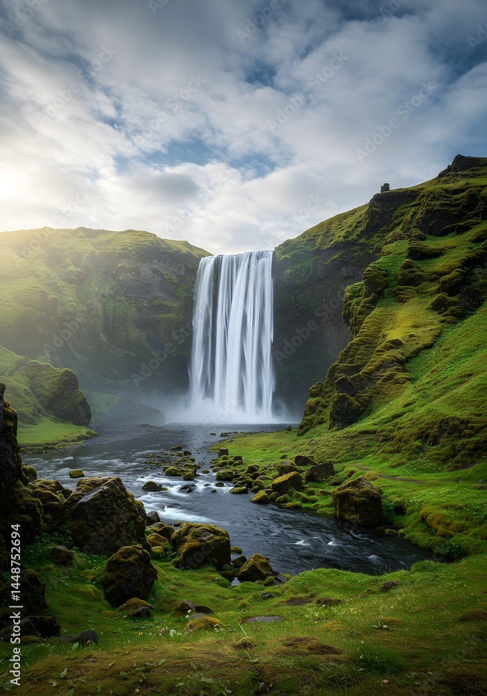 Naklejka premium Majestic Skógafoss waterfall cascading down lush Icelandic highlands, a serene vista of nature's power and tranquil beauty, with an ethereal glow