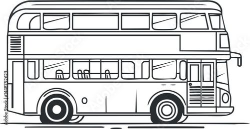 Black and white line art illustration of a double decker bus side view for transportation and travel concepts.