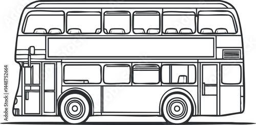 Side view line drawing of a double decker bus used for public transportation and urban travel