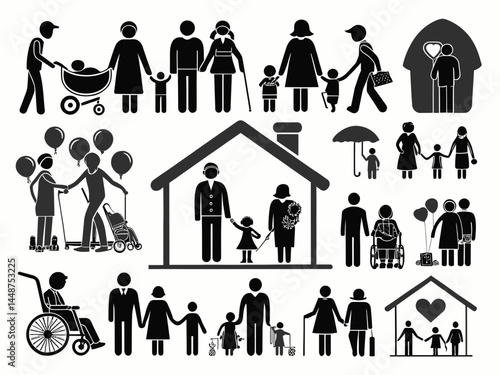 Illustration showing various stick figure families and individuals in different life stages and situations
