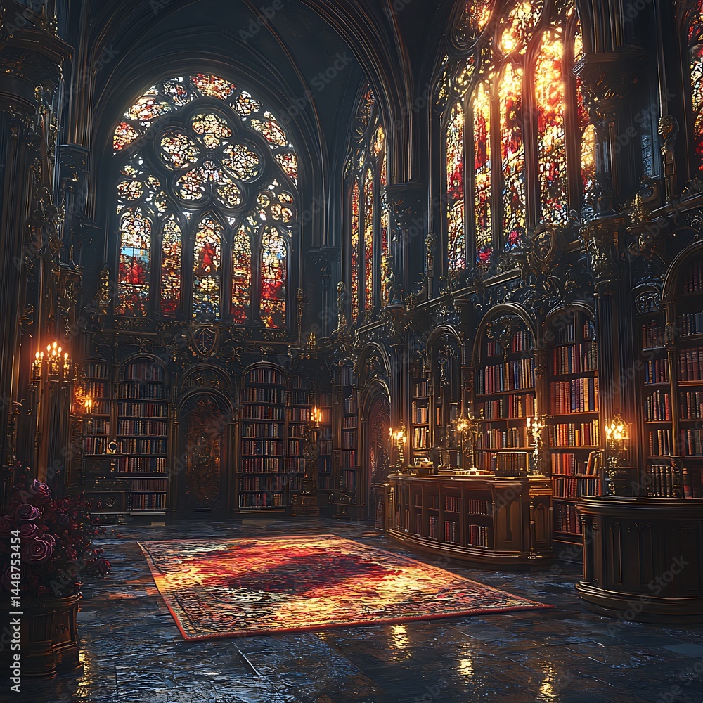 Obraz premium Luxurious And Opulent Library Interior With Stained Glass Windows High Resolution Photo