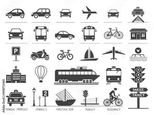 Collection of transportation icons including cars planes trains and bicycles in black and white style
