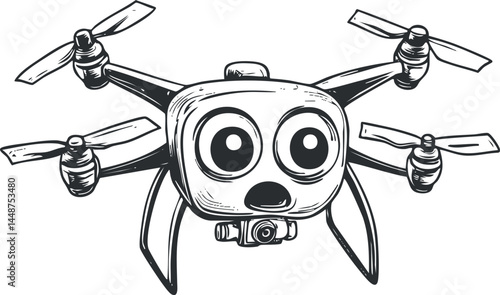 Black and white illustration of a quadcopter drone with large eyes and a camera mounted underneath, symbolizing surveillance and aerial photography.