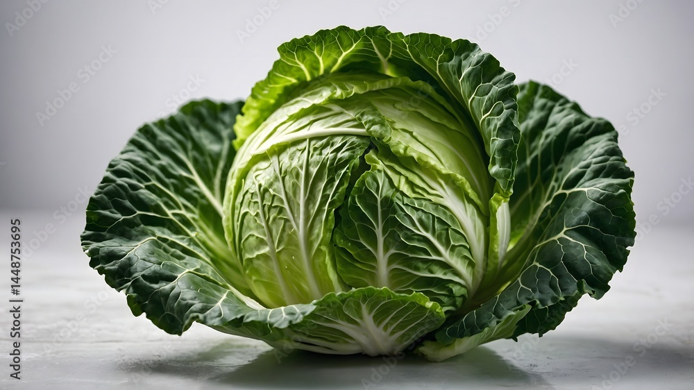Obraz premium Macro detail of a green cabbage half with compact layered leaves and realistic texture on a clean white studio background