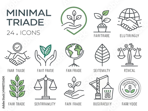 Collection of twelve different icons representing concepts like fair trade and sustainability themes