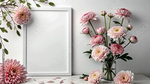 Beautiful pastel floral arrangement with empty frame decor in a modern setting for creative inspiration and elegance Generative AI