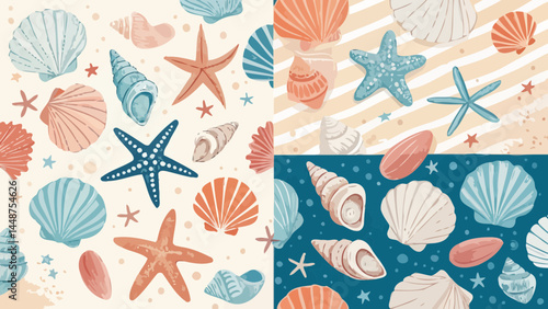 Assorted seashells and starfish in varied colors and arrangements on patterned backgrounds design
