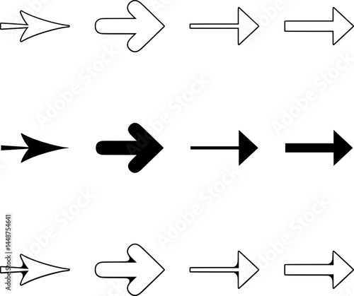 Right-pointing arrows in outline, solid, and shadow styles with varied shapes and thicknesses for design use