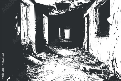 Black and white image of an abandoned damaged hallway filled with debris and broken walls in a ruined building
