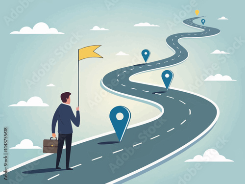 Man with briefcase and flag standing on a winding road marked with location pins under cloudy sky view