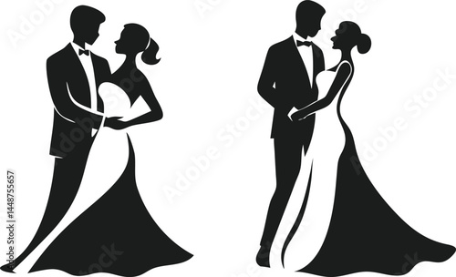  Elegant Wedding Couple Silhouette Vector Illustration - Romantic Bride and Groom Design for Invitations, Decorations, and Marriage Themes