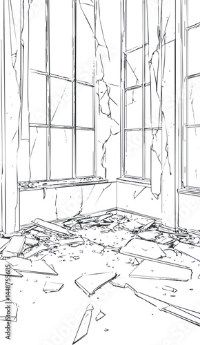 Black and white illustration of a room with large broken windows and shattered glass debris scattered on the floor depicting damage and abandonment.