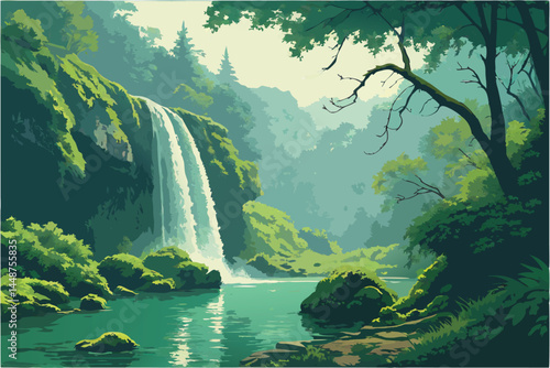 78 Lush green forest, cascading waterfall, crystal clear turquoise pool, moss-covered rocks, misty mountains, serene landscape, vibrant foliage, reflection in water, ethereal atmosphere, nature's para