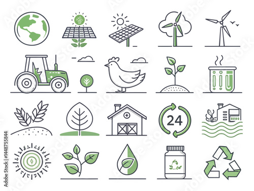 Illustration showcasing sustainable energy and agriculture with farm and renewable resources icons set up nicely