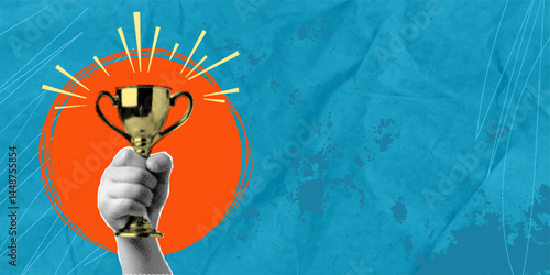 Trendy halftone collage with a hand holding a trophy symbolizing achievement, victory, success. Modern design. Negative space for inserting text or advertising.