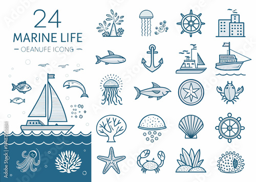 Illustration of marine life icons including fish, boat, jellyfish, coral, and other sea animals and plants