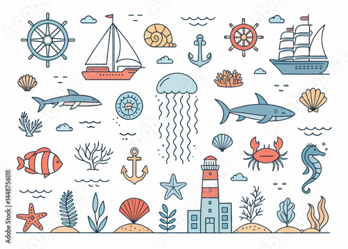 Illustration featuring a variety of nautical elements including ships, sea life, and beach vegetation