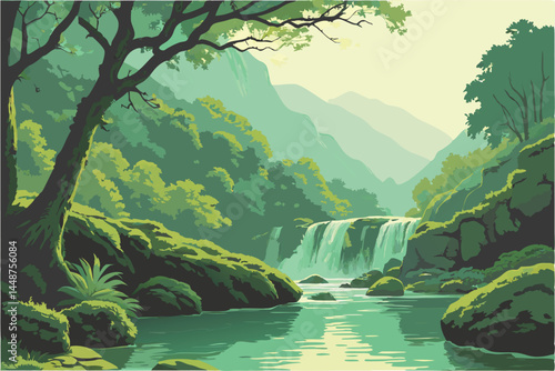 78 Lush green forest, cascading waterfall, crystal clear turquoise pool, moss-covered rocks, misty mountains, serene landscape, vibrant foliage, reflection in water, ethereal atmosphere, nature's para