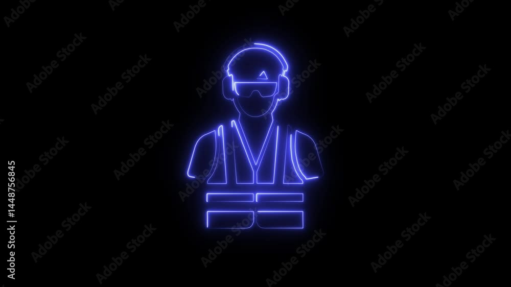 Glowing neon construction worker icon isolated on black background. HD Video motion graphic animation Glowing neon construction worker icon isolated on black background. HD Video motion graphic animation