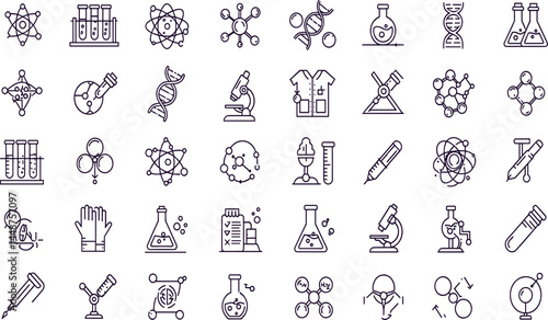 Chemistry, Laboratory Safety line icon set. Vector pictograms of scientific research, chemical experiments, lab equipment, molecule science, microscope, chemist