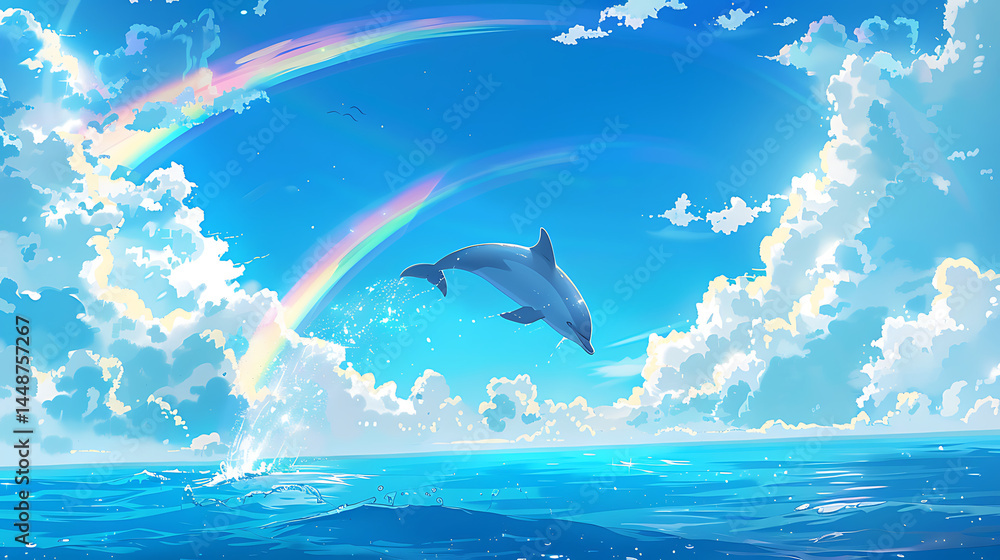 Fototapeta premium Dolphin Leaping Through a Rainbow over the Ocean