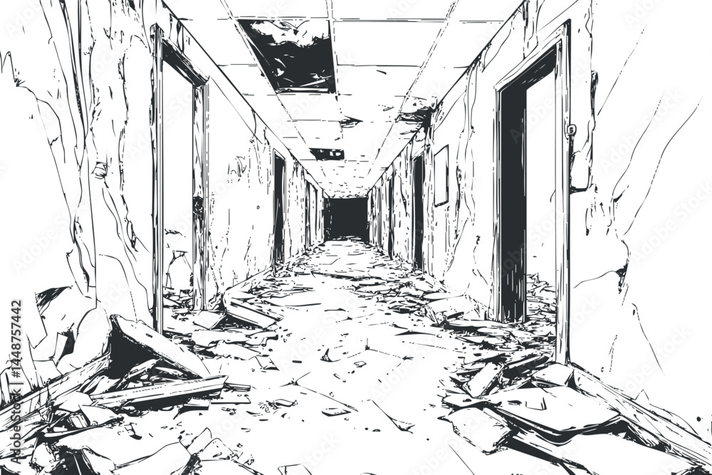 Fototapeta premium Black and white sketch of an abandoned, dilapidated hallway with broken ceiling and debris on floor