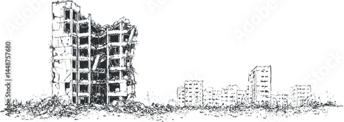 Sketch illustration of damaged and destroyed apartment buildings in an urban environment showing ruins and debris