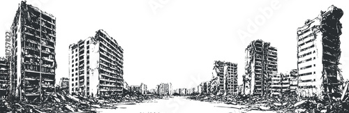 Black and white sketch of destroyed urban buildings showing ruins and devastation in a cityscape.