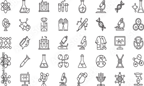 Chemistry, Laboratory Safety line icon set. Vector pictograms of scientific research, chemical experiments, lab equipment, molecule science, microscope, chemist