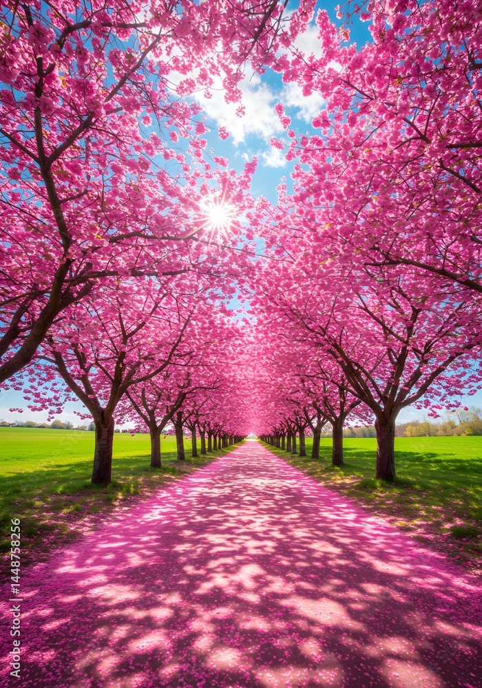 Naklejka premium Enchanting spring pathway through blooming cherry trees: a vibrant display of floral beauty with an azure sky creating a picturesque botanical landscape
