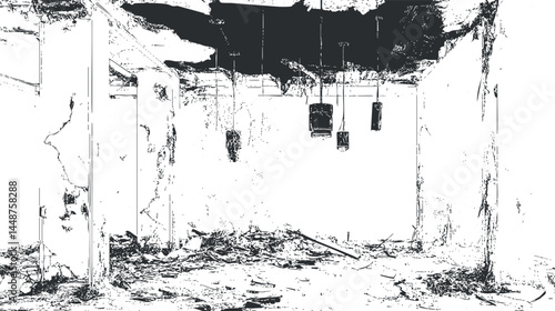 Interior of an abandoned, dilapidated building with damaged walls, ceiling, and debris scattered on floor