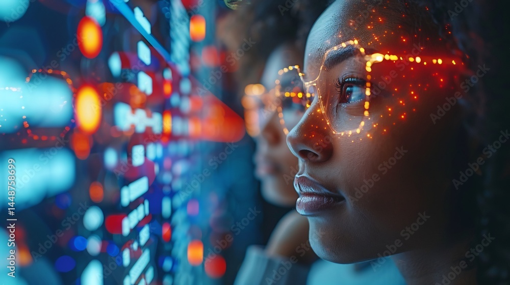 Naklejka premium Focused Female Programmer Analyzing Complex Digital Data Code on a Large Futuristic Screen in a Cyberpunk Technology Environment