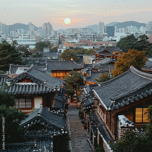 Wallpaper Mural Traditional Korean Village at Sunset with Modern City Skyline View Torontodigital.ca