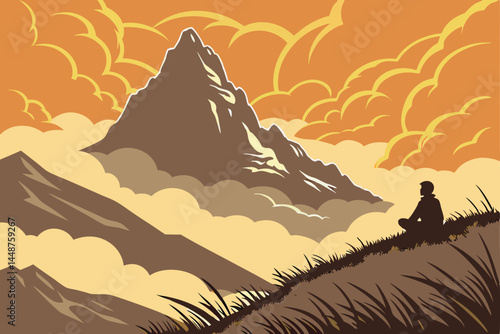 80 Majestic mountain peak, sea of clouds, dramatic sunset sky, vibrant orange and gold colors, lone meditating figure silhouette, grassy hilltop, spiritual enlightenment, panoramic view, ethereal atmo