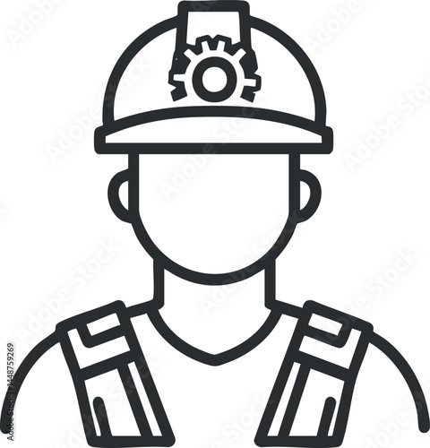 Line art icon of a worker wearing a safety helmet and work uniform representing construction or industrial labor
