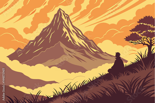 80 Majestic mountain peak, sea of clouds, dramatic sunset sky, vibrant orange and gold colors, lone meditating figure silhouette, grassy hilltop, spiritual enlightenment, panoramic view, ethereal atmo