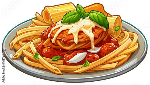 Golden crispy chicken parmesan melts into gooey cheese.
Served over penne pasta drenched in rich marinara sauce.
A heartwarming Italian-American favorite.
Perfect for warm, appetizing food vector art.