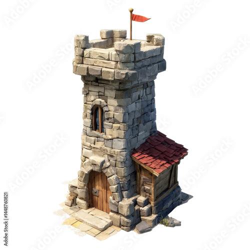 Charming Stone Tower with Red Roof and Flag Medieval Fantasy Game Asset