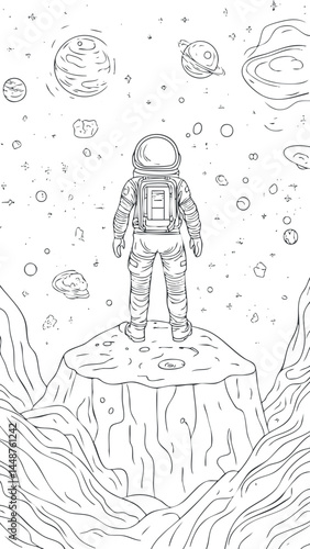 Astronaut standing on rocky space surface looking at planets and asteroids in outer space scene